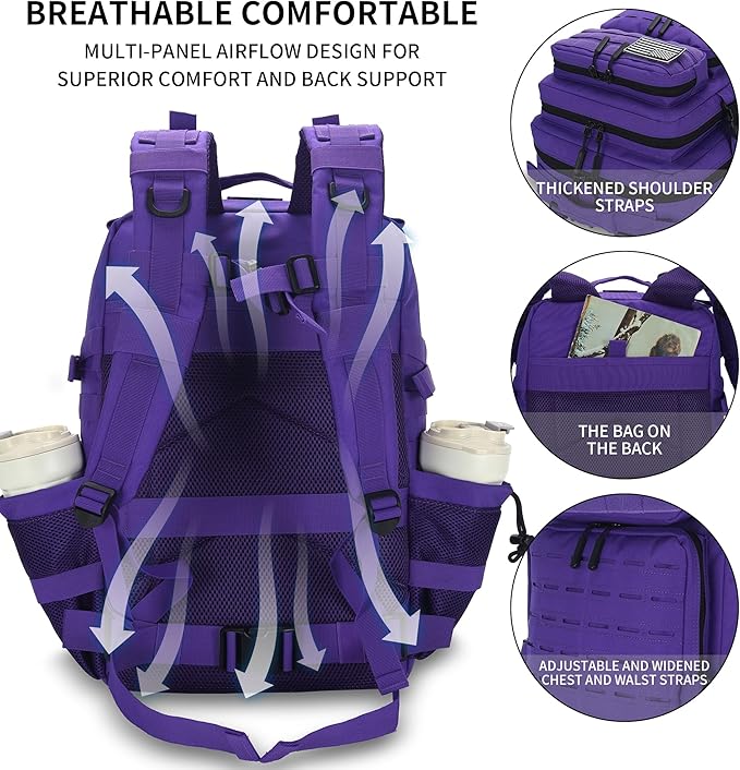 Sparklekle Military Tactical Backpack 45L 3 Day Assault Pack Waterproof Molle Hiking Rucksack for Men&Women (Purple)