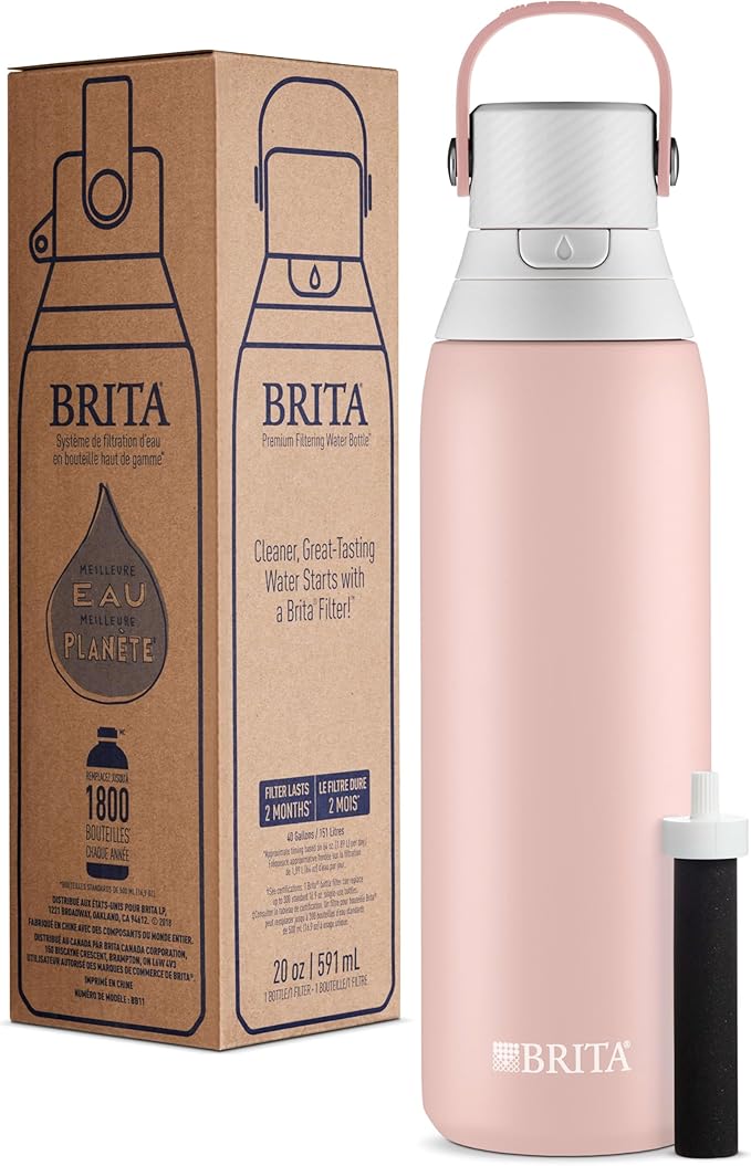 Brita Stainless Steel Premium Filtering Water Bottle, BPA-Free, Reusable, Insulated, Replaces 300 Plastic Water Bottles, Filter Lasts 2 Months or 40 Gallons, Includes 1 Filter, Rose - 20 oz.