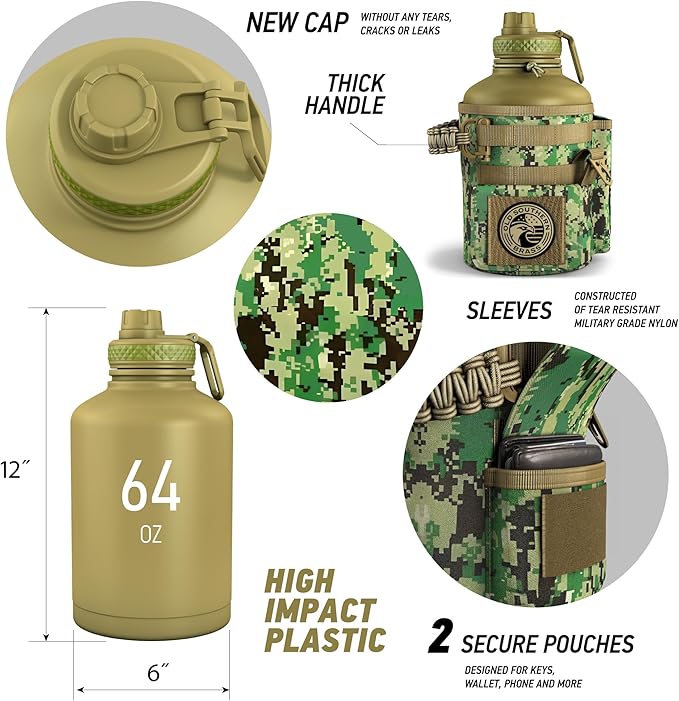 Combat Canteen - 64oz Insulated Water Bottle with Paracord Handle, Stainless Steel Water Jug with Rugged Pockets for Keys, Wallet & Phone - Green Digital