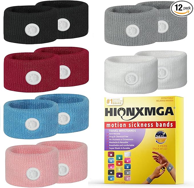 6 Pairs Motion Sickness Bands – Natural Anti Nausea Acupressure Wristbands for Morning & Motion Sickness Relief – Ideal for Car, Cruise & Flight Travel – for Adults and Kids