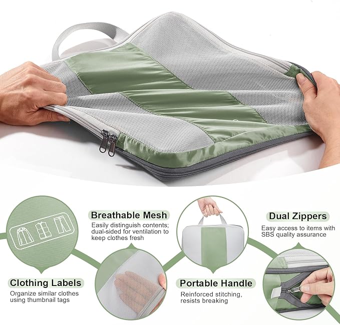 10 Set Compression Packing Cubes for Travel Essentials,Compressible Expandable Packing Cubes for Suitcase,OlarHike Luggage Organizer Bags for Travel,Handy Helper for Organizing Clothes(Matcha Green)
