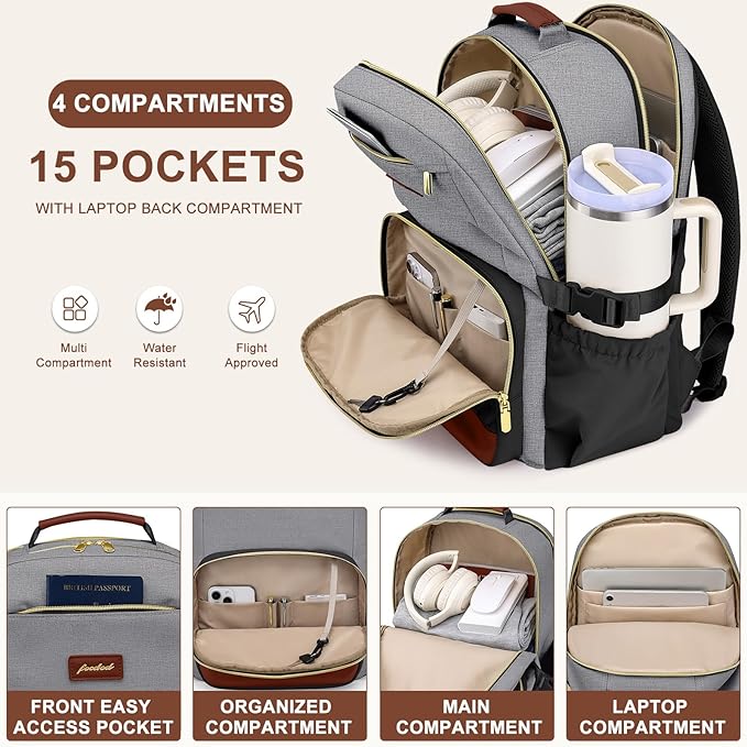 Focdod Laptop Backpack for Women Bookbag: 17 inch Work Backpacks with Pouch Pocket for Large Capacity Cup & USB Charger College Book Bag Travel Business Nurse Teacher Bookbags Anti-theft Back Pack