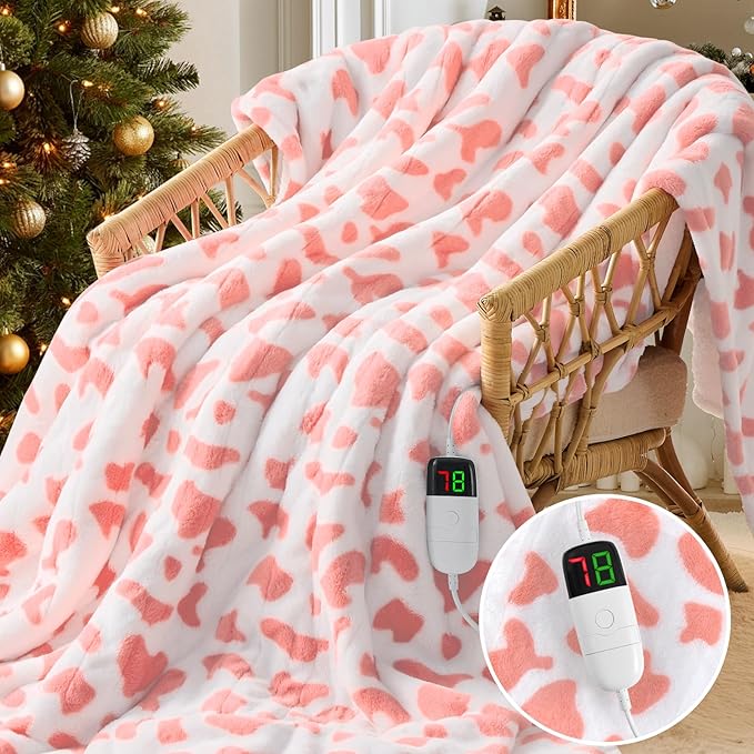 Cow Print Heated Electric Blanket Full Size,72X84 Pink Heating Blanket with 10 Heats Levels & 8 Hours Auto Off,Cute Cow Fleece Sherpa Blankets Warmer Gifts for Women Adults,Washable,ETL