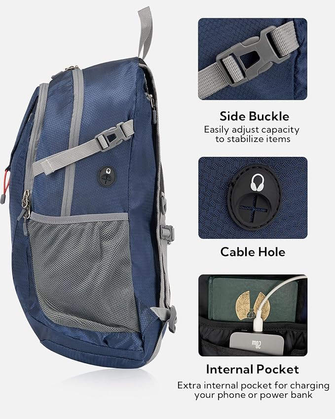 WATERFLY Lightweight Packable Hiking Backpack: 30L Foldable Travel Daypack Ultralight Camping Day Pack for Woman Man Dark Blue
