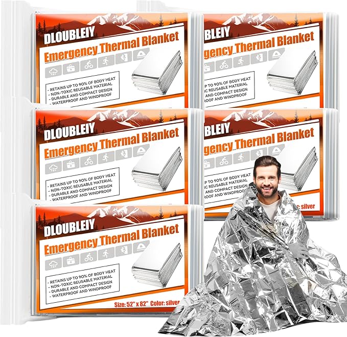 Emergency Thermal Blanket 5-Pack – Reusable Mylar Space Blanket for Camping, Car Survival Kit, Waterproof Outdoor Gear, Heavy-Duty Emergency Heat Retention