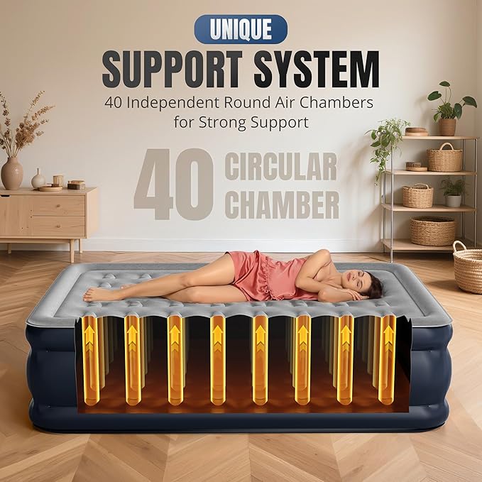 Queen Air Mattress with Built-in Pump, 18" Top Inflatable Mattress with Waterproof Flocking Fabric, Three-Minute Quick-Inflatable Bed. Portable Blow Up Mattress for Home, Outdoor and Guests