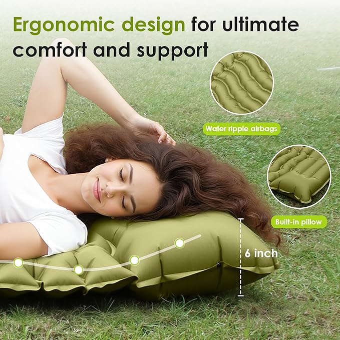 Self Inflating Sleeping Pad for Camping, Portable 4" Extra-Thick Camping Cots for Adults with Pillows & Built-in Foot Pump, Ultralight Camping Mattress for Tent Hiking Essentials Gear (Green, Single)