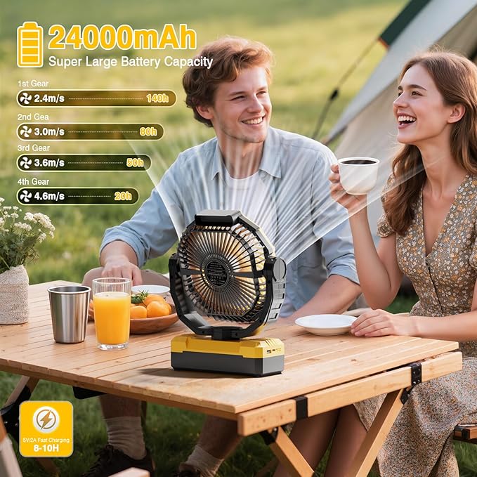 FRIZCOL 3-in-1 Camping Fan - Portable Fans Rechargeable - 24000mAh Battery Powered Fan(140Hrs) with Light & Remote for Indoor, Outdoor, Tent, Travel, BBQ, Fishing, Jobsite - Yellow