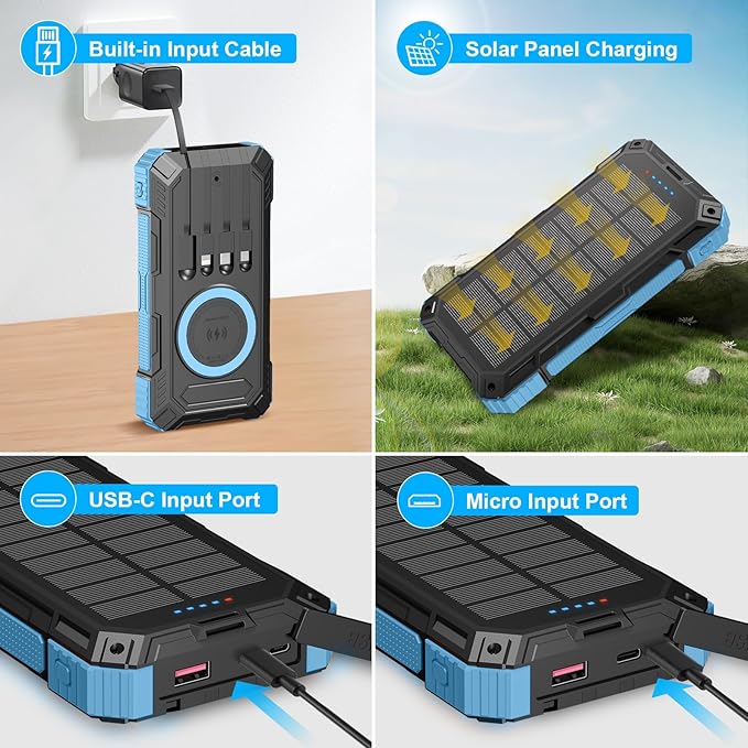 Solar Charger Power Bank 49800mAh Wireless Portable Phone Charger, 22.5W QC3.0 Fast Charging Built in 4 Cables with USB C 6 Outputs & 2 Inputs for Cell Phone
