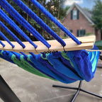 Double Hammock 2 Person Large 220x160cm with Steel Stand and Removable Spreader bar Load 500lb, Canvas Cotton Hammocks for Patio Porch Garden Backyard Outdoor and Indoor, Blue