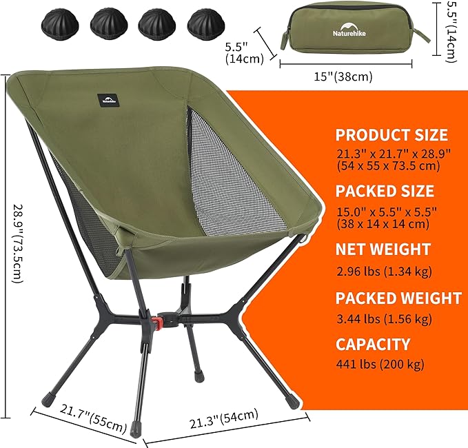 Naturehike YL01 Snap Camping Chair, 1 Second Setup Frame, 441lb Capacity, Portable Backpacking Chair with Storage Bag, Lightweight & Compact Folding Camp Chair for Backpacking Camping Fishing