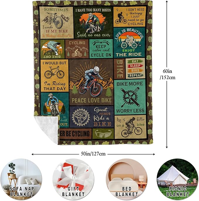 Bicycle Enthusiast Gift, Mountain Biking Blanket Throw 60"x50" for Men/Riders/Cyclists, Bike Themed Decorations