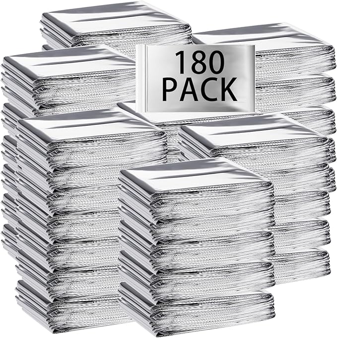 Macarrie 180 Pack Emergency Foil Thermal Blankets Silver Foil Survival Blanket Space Blanket Kit for Outdoors, Camping, Hiking, Homeless, First Aid
