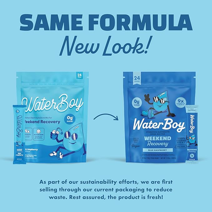 Waterboy Weekend Recovery | 3,200mg Electrolyte Powder Packets | Ginger + L-Theanine + Vitamins | No Sugar, All Natural, Gluten Free | 24 Drink Stick Mixes (Blue Raspberry)