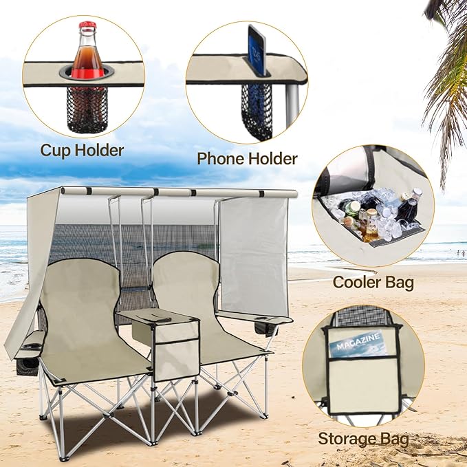 BDL Double Camping Chair with Canopy, Two Person Folding Loveseat with Shade, Heavy Duty Beach Chair with Cooler Bag, Cup Holder for Outside, Fishing, Sports, Beach-White