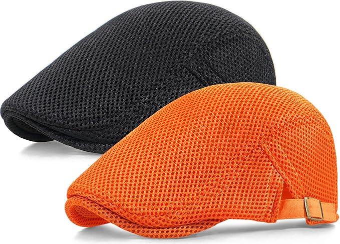 2 Pack Men's Mesh Cap Breathable Summer Newsboy Hat Adjustable Beret Ivy Cap Irish Cabbie Driving Hunting Hats