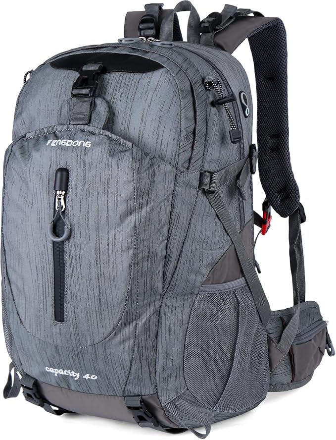 FENGDONG 40L Waterproof Lightweight Hiking,Camping,Travel Backpack for Men Women Gray