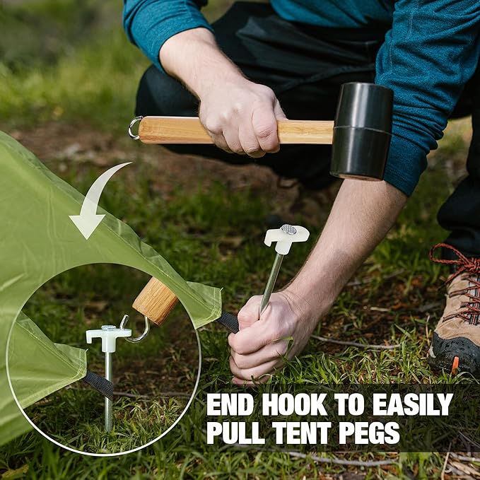 WORKPRO Tent Stakes and Hammer Set, 16oz Rubber Mallet Hammer, Wooden Handle, 10PC Heavy Duty Metal Tent Stakes and Storage Bag, DIY Woodworking, Camping Accessories for Ground, Camp and Garden