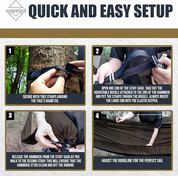 Onewind 11ft Camping Hammock with Mosquito Net and Adjustable Ridgeline, Lightweight Portable Double Hammock with Tree Straps and Bug Net, Ideal for Camping, Hiking, Backpacking, Coyote Brown