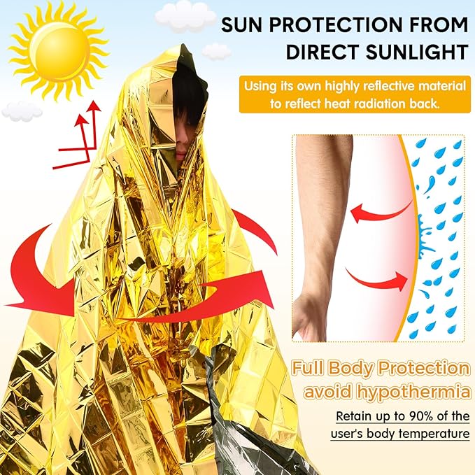 100 Pack Emergency Foil Thermal Blanket Bulk 83 x 55'' Waterproof Space First Aid Survival Blanket for Outdoors, Camping, Hiking, Homeless, First Aid, 50 Pc Silver 50 Pc Gold Silver