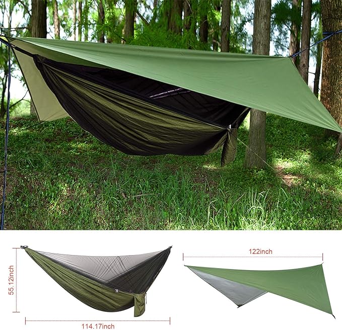 Camping Hammock with Rain Fly Tarp and Mosquito Net Tent Tree Straps, Portable Single Double Nylon Parachute Hammock Rainfly Set for Backpacking Hiking Travel Yard Outdoor Activities Green