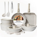 20 Pcs Pots and Pans Set Non Stick, Stackable Cookware Sets with Detachable Handle, Granite Induction RV Kitchen Portable Cooking Set Removable Handles, Dishwasher ＆ Oven Safe, Cream White