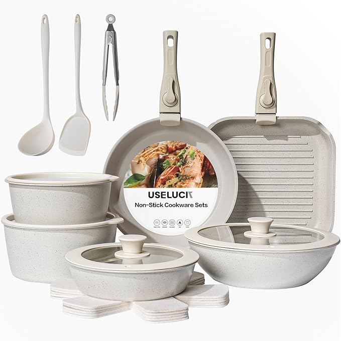 20 Pcs Pots and Pans Set Non Stick, Stackable Cookware Sets with Detachable Handle, Granite Induction RV Kitchen Portable Cooking Set Removable Handles, Dishwasher ＆ Oven Safe, Cream White