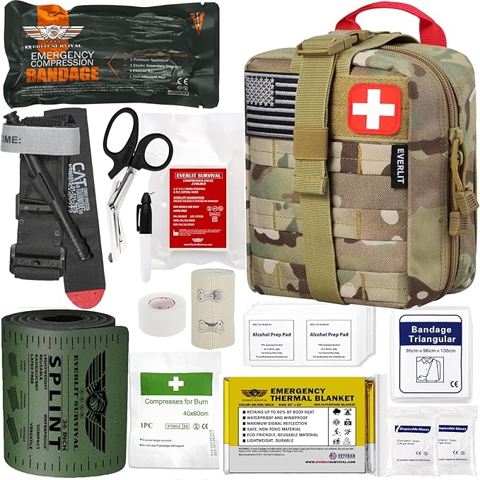 EVERLIT Emergency Trauma Kit, CAT GEN-7 Tourniquet 36" Splint, Military Combat Tactical IFAK for Critical Wounds First Aid, Gun Shots, Severe Bleeding Control (Camouflage)