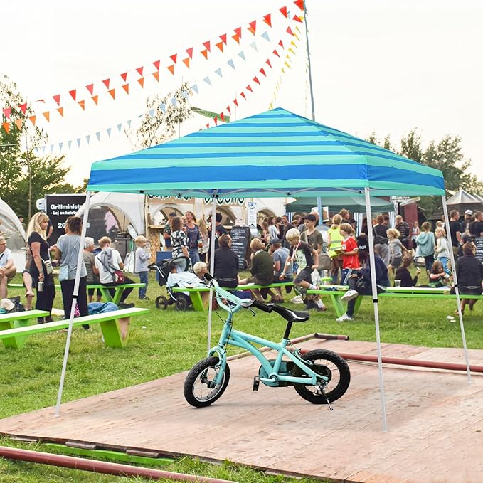 EAGLE PEAK 10x10 Slant Leg Pop-up Canopy Tent Easy One Person Setup Instant Outdoor Beach Canopy Folding Portable Sports Shelter 10x10 Base 8x8 Top (Green Blue Stripe)