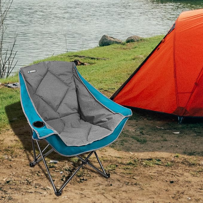 Folding Camping Chair,Oversized Portable Camping Chair with Cup Holder,Heavy Duty Padded Lawn Chair for Camping,Tailgates,Beach,and Sports,Lake Blue