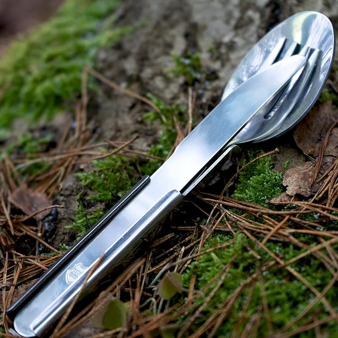 Original Hungarian army cutlery set 4 pieces. Eating utensils military issue spoon fork knife kit flatware multi-tool Camping bottle can opener stainless steel NEW