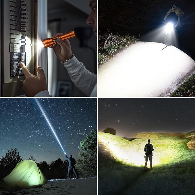 WdtPro LED Rechargeable Flashlight 2 Pack, Super Bright Zoomable 6000 Lumens Tactical Flashlight with LCD Digital Display, 3 Mode Waterproof Flash Light for Camping, Hunting & Home Emergency - Orange