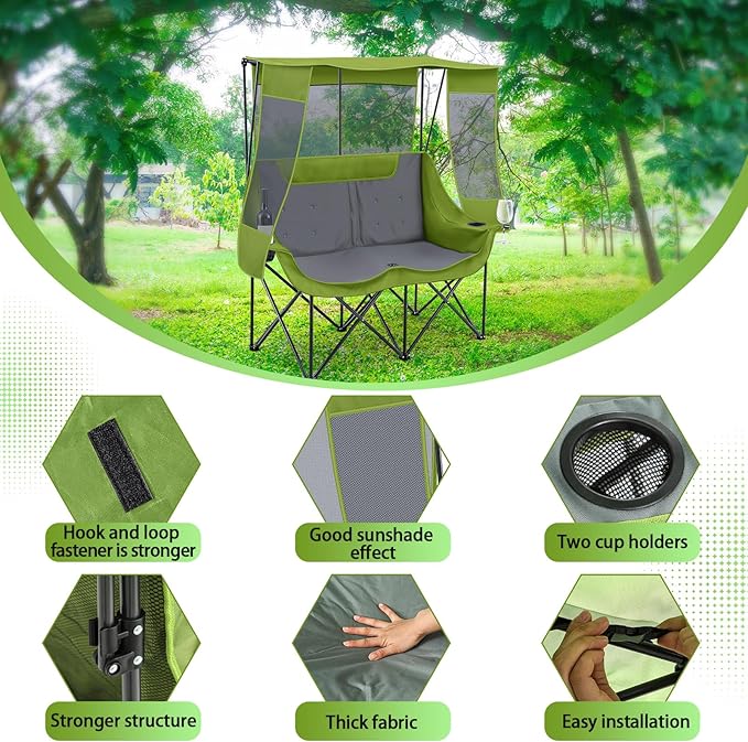 Double Camping Chair with Canopy Shade Oversized 2 Person Camping Sofa Fully Padded Folding Loveseat with Cup Hold and Storage Bag Sturdy for Lawn Beach Fall Outdoor Activities(Dark Green)