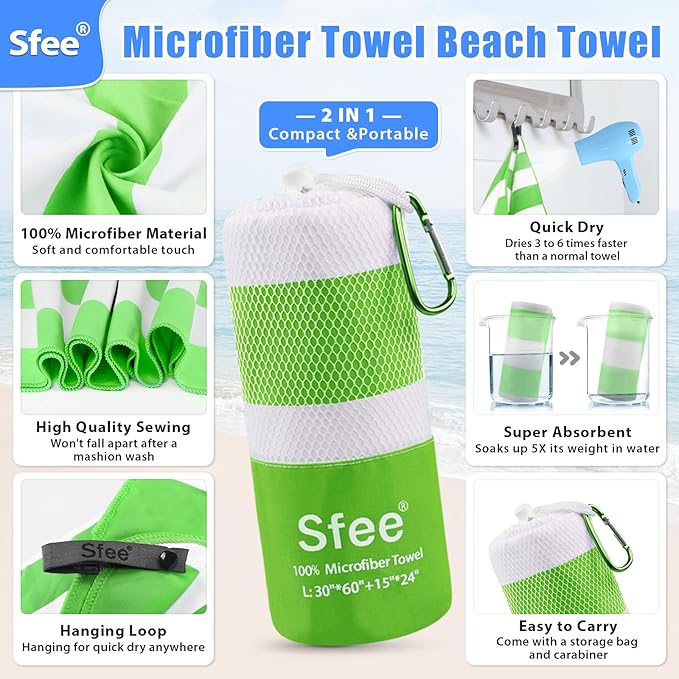 Sfee 2 in 1 Microfiber Beach Towel, Quick Dry Towel Camping Towel Travel Towel Super Absorbent Compact Lightweight Sports Gym Towels Set for Beach, Gym, Hiking, Pool, Backpacking, Bath, Yoga