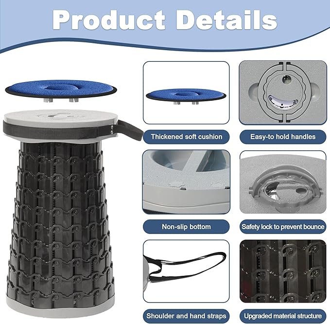 ALEVMOOM 2025 Upgraded XXL 19.7" Collapsible Stool with Cushion, 1000lbs Max Weight Heavy Duty Portable Telescoping Stool, Retractable Seat Folding Chair for Camping Fishing Hiking(Grey-XXL)