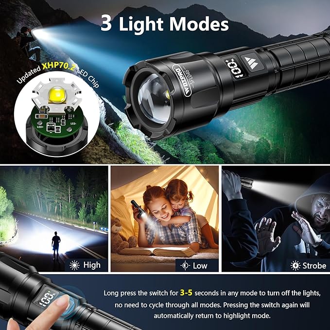 Wdtpro LED Rechargeable Flashlights High Lumens 2Pack, 6000LM Super Bright Flashlight, Zoomable Powerful Camping Flashlights with LCD Digital Display, 3 Modes Waterproof Flash Light for Home Emergency