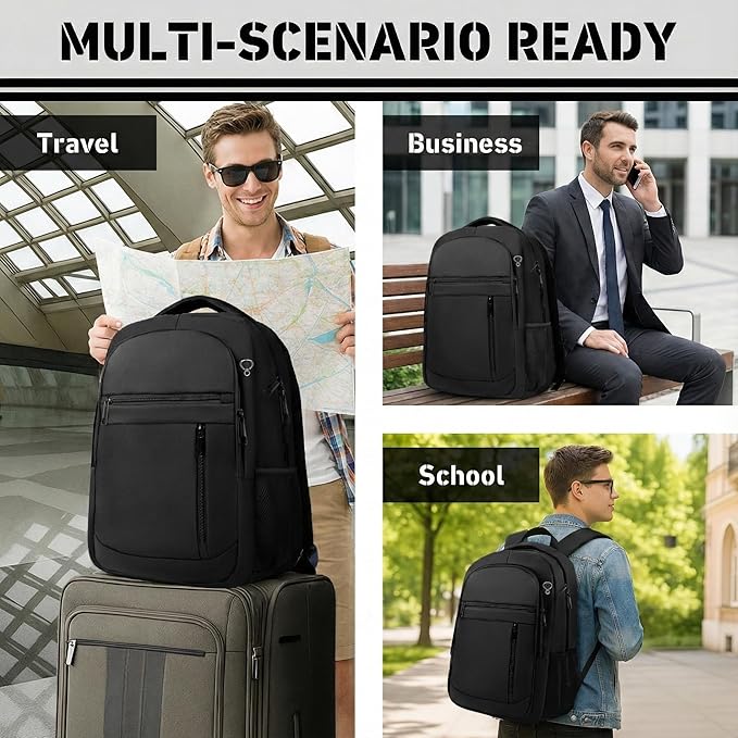 Travel Backpack, 40L Business Laptop Backpack with 17.3 Inch Laptop Compartment, Lightweight Daypack for Flight, Durable Water Resistant Bookbag, Hiking, Work Backpack for men, Black