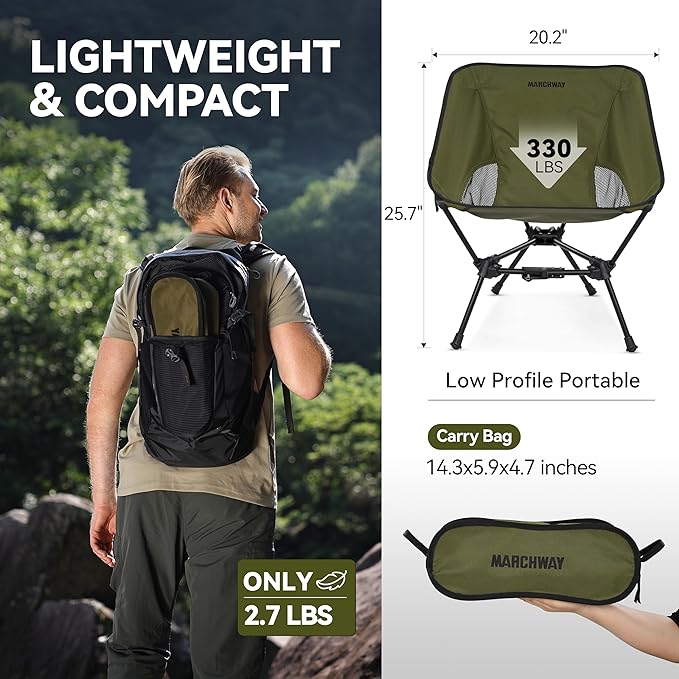 MARCHWAY Lightweight Folding Camping Chair with Spring Lock, Stable Compact Portable for Outdoor Camp, Travel, Beach, Picnic, Festival, Hiking, Backpacking (Lowback Green)