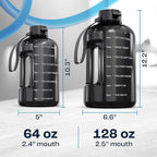 AQUAFIT Half Gallon Water Bottle with Time Marker - Straw & Chug Lid - BPA Free Gym Water Bottle with Straw - Big Gallon Jug (Midnight Gray, 64 oz - 2 Lids)