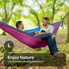 Durable Hammock 500 lb Capacity, Nylon Camping Hammock Chair - Double or Single Sizes w/Tree Straps and Attached Carry Bag - Portable for Travel/Backpacking/Beach/Backyard (Large, Fuchsia & Sky Blue)