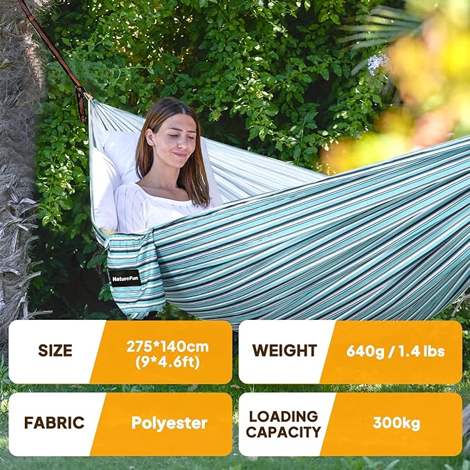 NATUREFUN Ultra-Light Travel Camping Hammock | 300kg Load Capacity,Breathable,Quick-Drying | 2 x Premium Carabiners,2 x Nylon Slings Included | Outdoor Indoor Garden