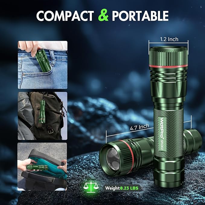 WdtPro Rechargeable Flashlights High Lumens, 1 Pack Super Bright LED Small Tactical EDC Flashlight with 10H Runtime, Portable Flash light for Camping, Home, Emergency Essentials Green Battery Included