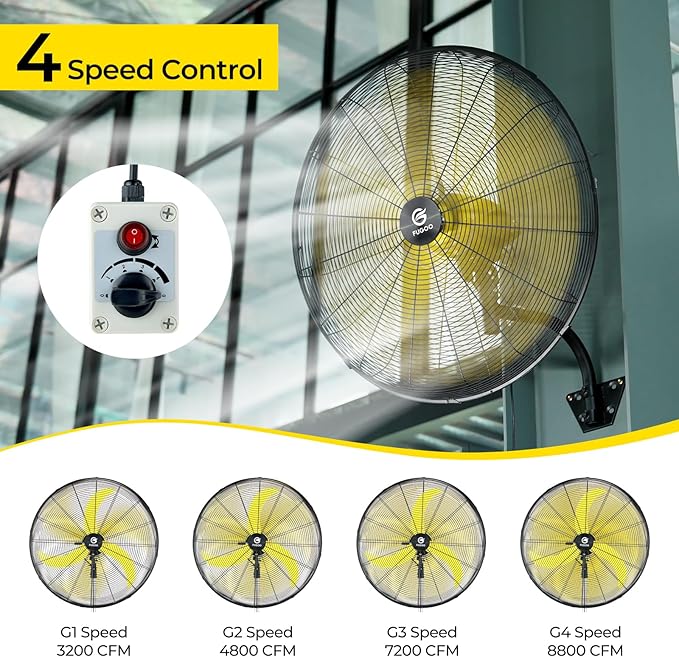 FUGOO 30'' Oscillating Wall Mounted Fan With Remote Control,BLDC Motor, Large air flow range From 3200CFM to 8800CFM, 4-Speed Heavy Duty Industrial Wall Fan for Factory, Commercial, Garage, Warehouse