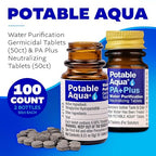 Potable Aqua Water Purification Tablets with PA Plus, Portable and Effective Solution for Camping, Hiking, Emergencies, Natural Disasters and International Travel, Two 50ct Bottles
