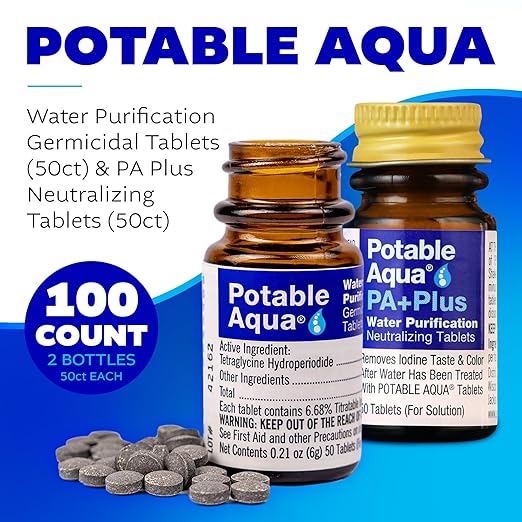 Potable Aqua Water Purification Tablets with PA Plus, Portable and Effective Solution for Camping, Hiking, Emergencies, Natural Disasters and International Travel, Two 50ct Bottles