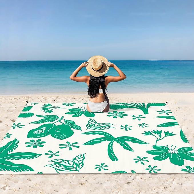 Beach Blanket Waterproof Sandproof, 9 Ft X 10 Ft Extra Large Sand Free Beach Mat, Big Compact Lightweight Quick Drying Picnic Blanket with 4 Stakes & Pockets for Camping, Travel, Hiking