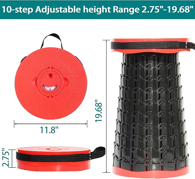 ALEVMOOM Upgraded XXL 50 Portable Collapsible Stool with Cushion,Telescoping Folding Stool for Adults,Yet More Sturdy Camping Stool with Load Capacity 1000lbs,for Outdoor Garden Hiking BBQ Red