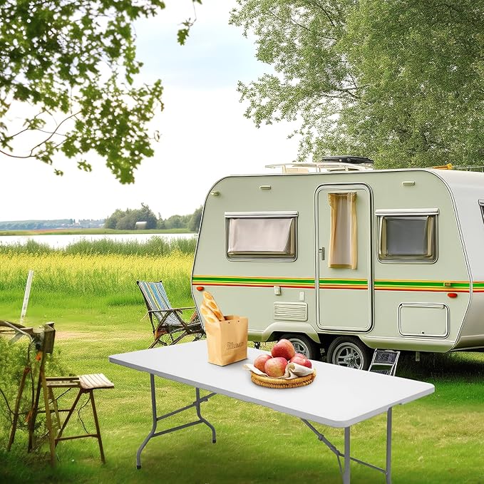 Folding Table 6ft Portable Heavy Duty Plastic Fold-in-Half Utility Foldable Table Plastic Dining Indoor Outdoor for Camping, Picnic and Party, White