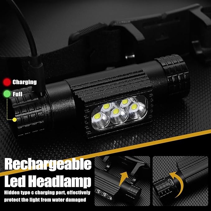 Headlamp Rechargeable, 2000 Lumen Super Bright LED Head Lamp for Adults, IP67 Waterproof Rechargeable Headlight with 9 Modes, Head Flashlight with 2600 mAh for Outdoor Camping Hiking Fishing Running