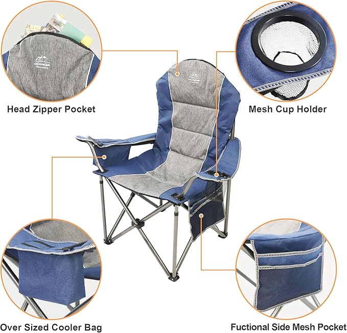 Camping Chairs for Adults,High Back Folding Camp Chair with Cup Holder and Cooler Bag,Heavy Duty Outdoor Lawn Chairs,Perfect for Camping,Hiking,Picnics,and Beach Trips,Blue